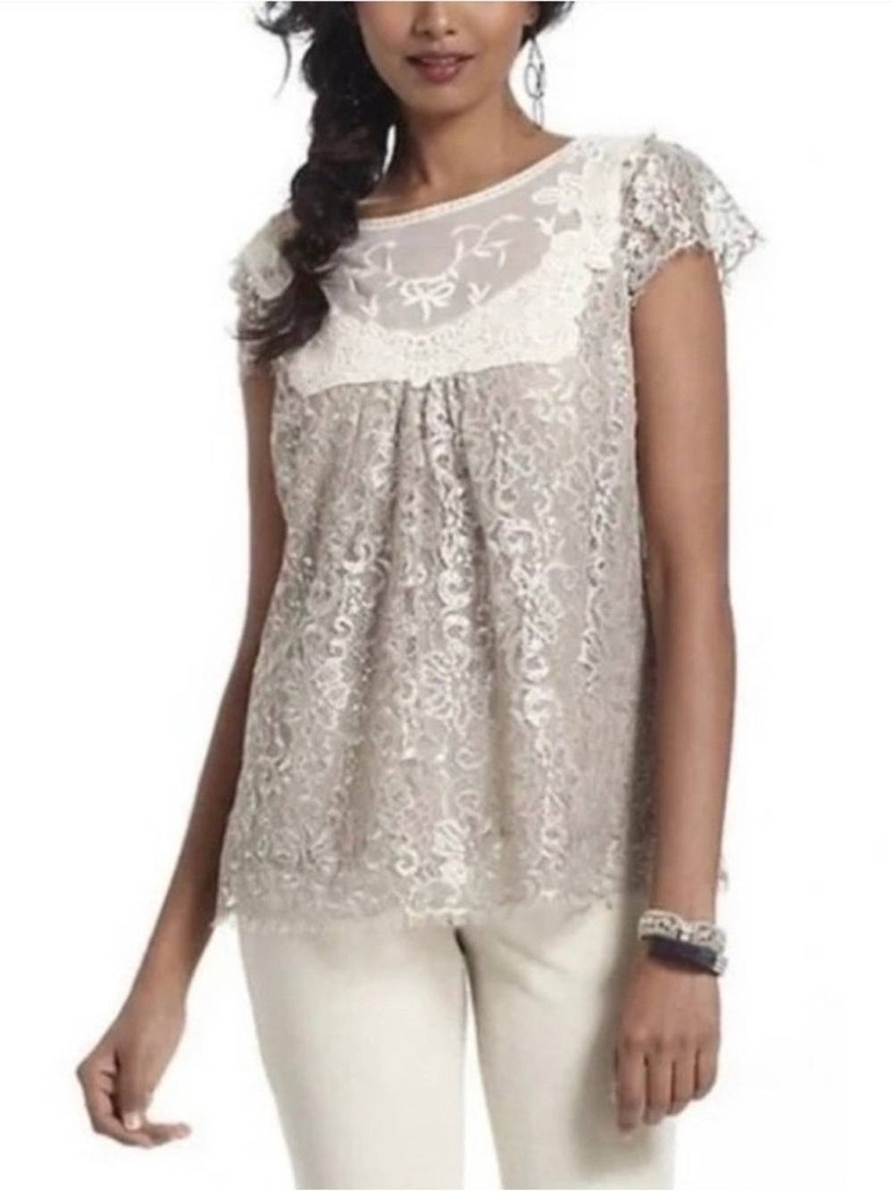 HD in Paris Lace Overlay Cap Sleeve Blouse in Cream